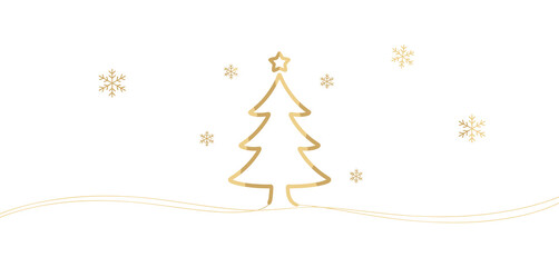 Gold Christmas Tree with Snowflakes on White Background