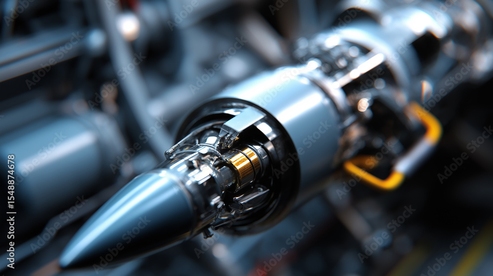 Poster close-up of futuristic mechanical projectile with exposed internal components.