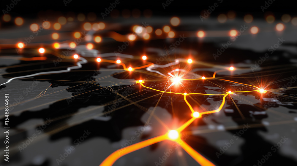 Poster futuristic network map with glowing orange data nodes and urban connections.