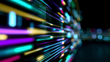 Abstract visualization of fast-moving data streams in neon colors on dark background.

