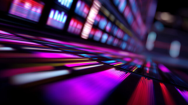 Abstract digital data stream in vibrant neon colors with futuristic UI elements.
