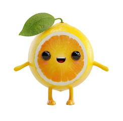Cute lemon character with eyes and mouth, 3D render, character design, transparent background, yellow and orange colors.