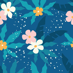 vector seamless pattern with flowers and palm leaves