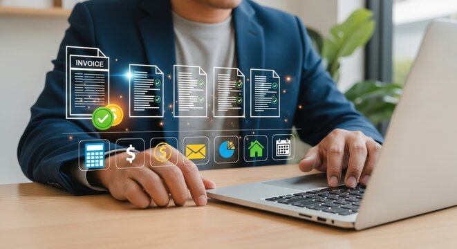 Man using laptop for online invoice management with digital icons floating above the keyboard area