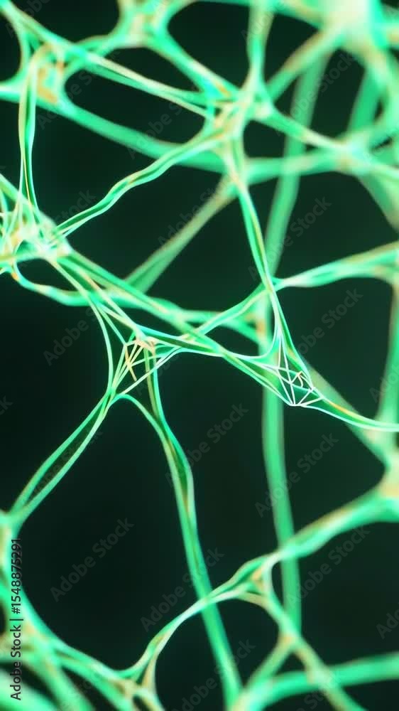 Poster abstract glowing network of green interconnected lines resembling neurons on a dark background desig