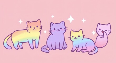 Naklejka premium Adorable Rainbow Pastel Cats Cartoon Illustration Cute Kawaii Kitty Characters LGBTQ Pride Design