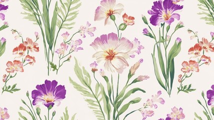 Fototapeta premium Colorful floral pattern with pink and purple flowers and green leaves on light background