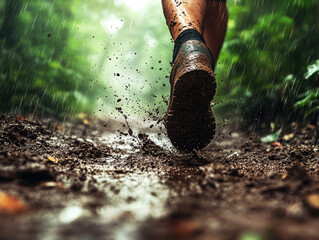 Runner splashes through muddy trail during rain in a lush forest setting