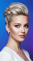 Woman with blonde swept back updo against blue gradient background. Classic formal hairstyle for wedding styling and elegant event salon services