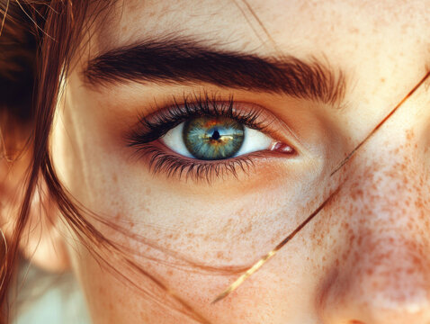 Captivating close-up of a young woman's striking blue-green eye and freckles