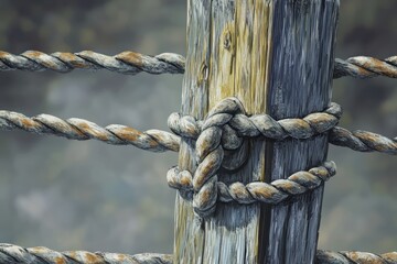 Close-Up View of a Wooden Electric Fence with Cables in a Meadow: A Detailed Look at Wire and Knot Construction