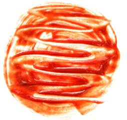 A circular smear of ketchup with wavy lines, showcasing its red color and texture.