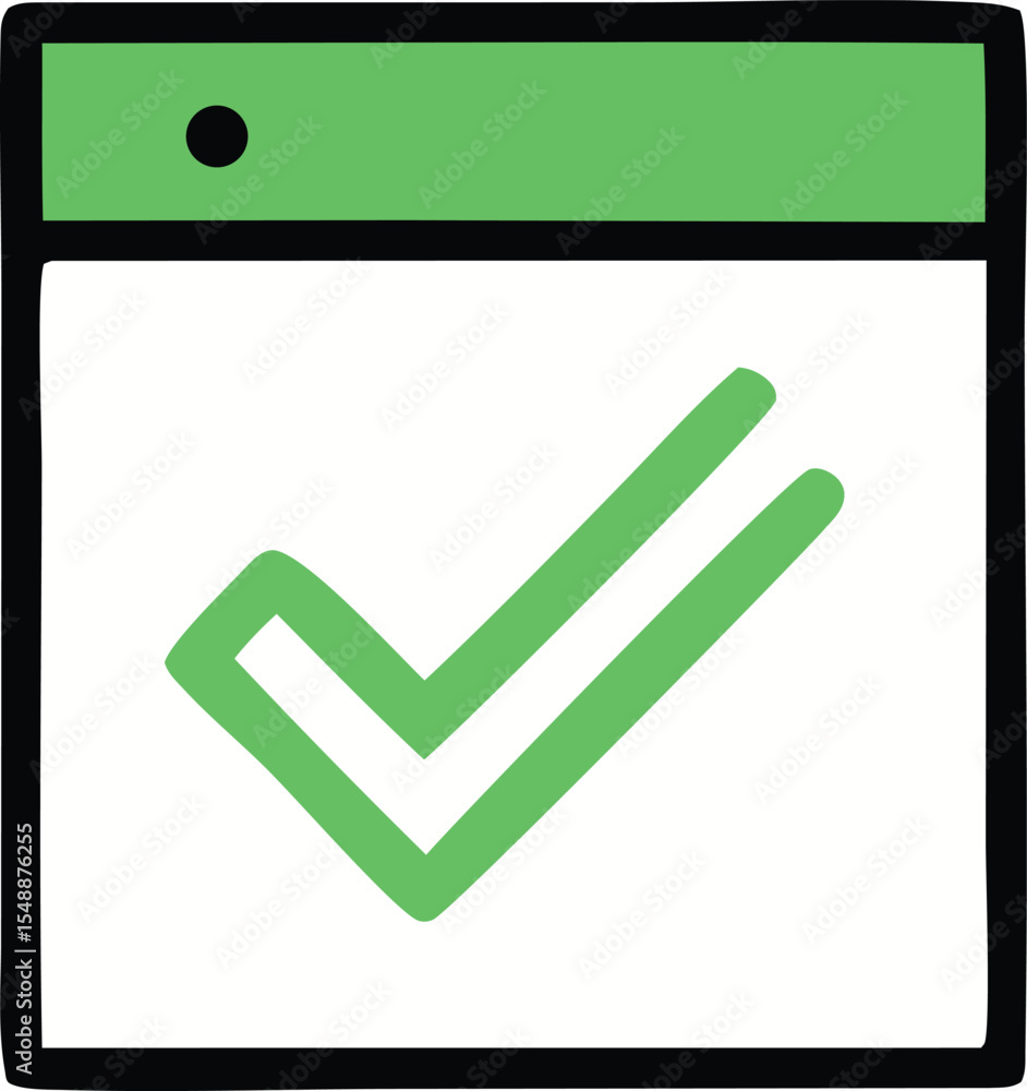 Poster completed task calendar icon with green checkmark and header outlined in black symbolizing productiv