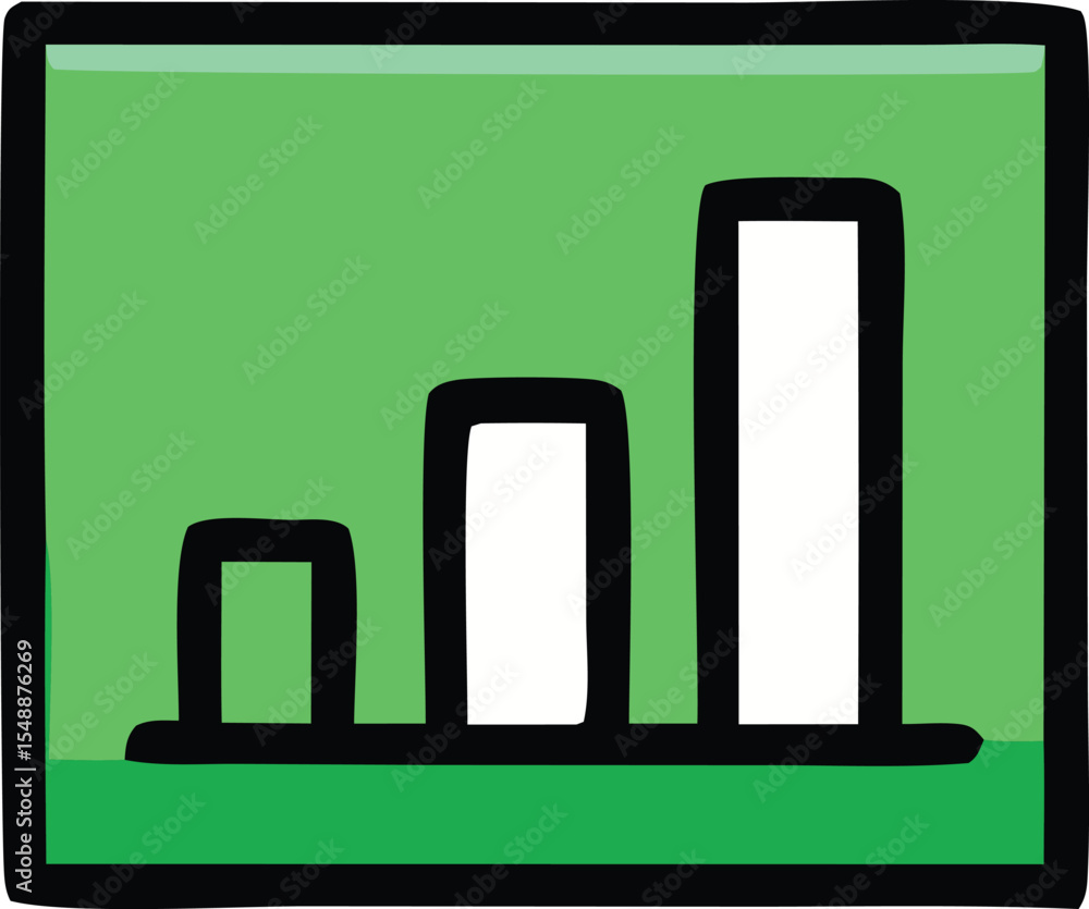 Poster hand drawn style bar graph icon with green background and black border representing growth and progr
