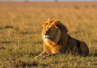 Majestic male lion rests regally in the golden savanna grass during a warm, serene afternoon light.