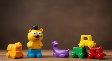 Fototapeta premium Playful arrangement of colorful toy figures on a wooden surface against a dark brown backdrop