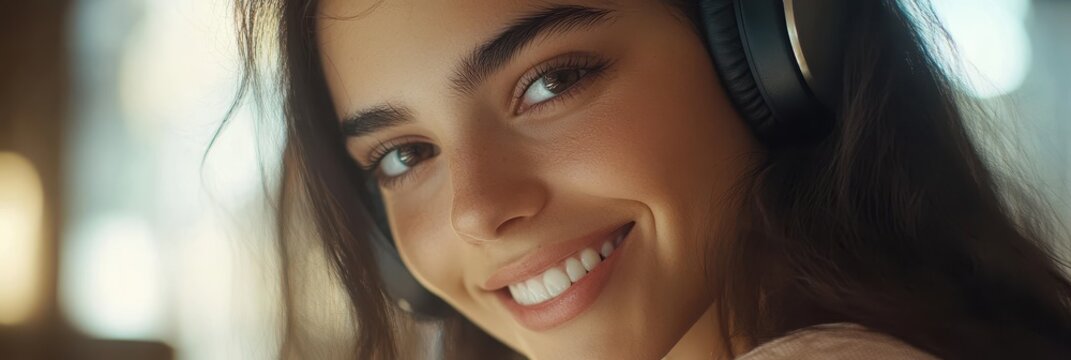 Charming Brunette Woman Immersed in Music Podcast, Enjoying Life with Headphones On