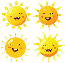 Four Smiling Sun Illustrations with Different Ray Styles Cheerful Expressions and Warm Yellow Colors on a Clean White Background Perfect for Children s Designs