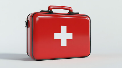 Fototapeta premium Red First Aid Kit with White Cross on a Neutral Background
