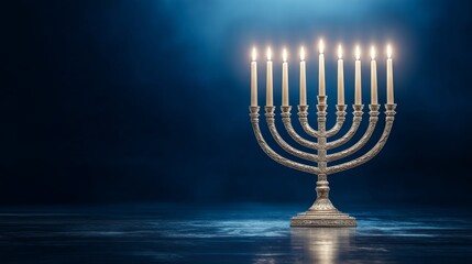 Illuminated menorah on reflective surface with blue background