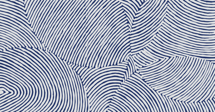 Hand drawn brush lines abstract overlapping circle shapes pattern in white and blue, Japanese and ethnic wood carving, basketry texture background, simple graphic for textile, carpet, decoration
