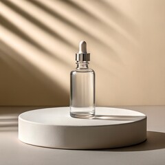 Naklejka premium Elegant Dropper Bottle on Pedestal with Plant Shadow