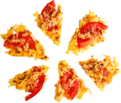 A dish featuring triangular pieces of baked cheese and tomato.