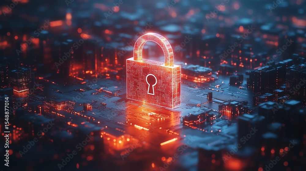 Aufkleber data protection privacy concept with padlock icon and abstract circuit board, minimalist clean desig
