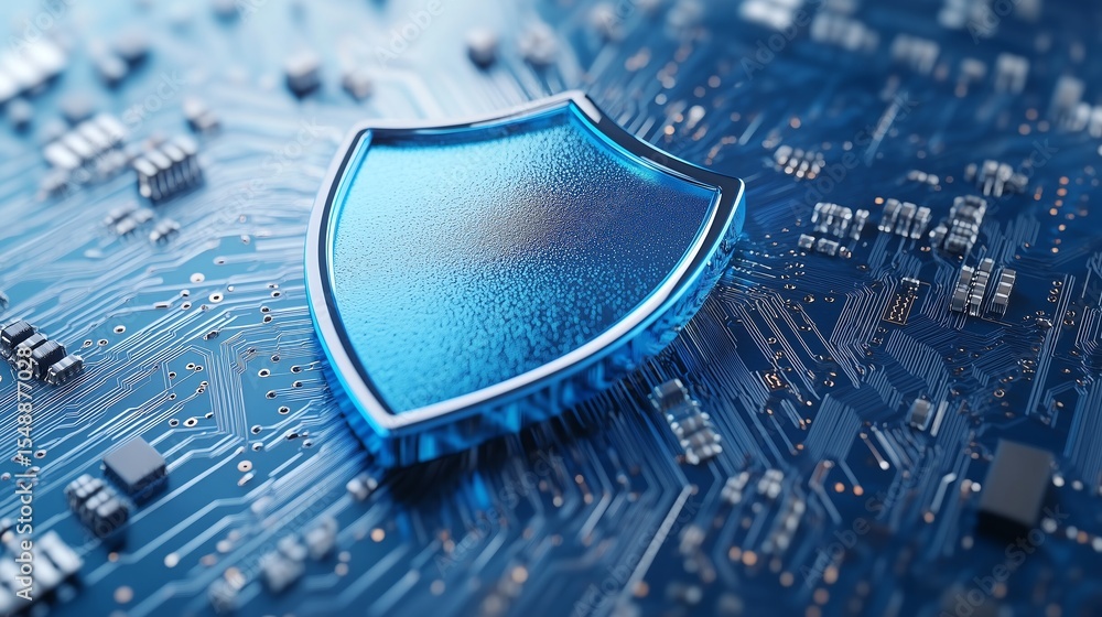 Poster digital security concept with a blue glossy shield icon on an abstract circuit board featuring zoom 