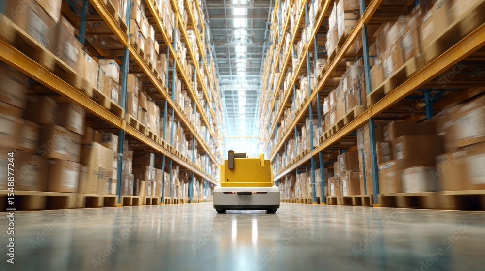 Poster autonomous robot navigating warehouse aisles with high shelves and cardboard boxes