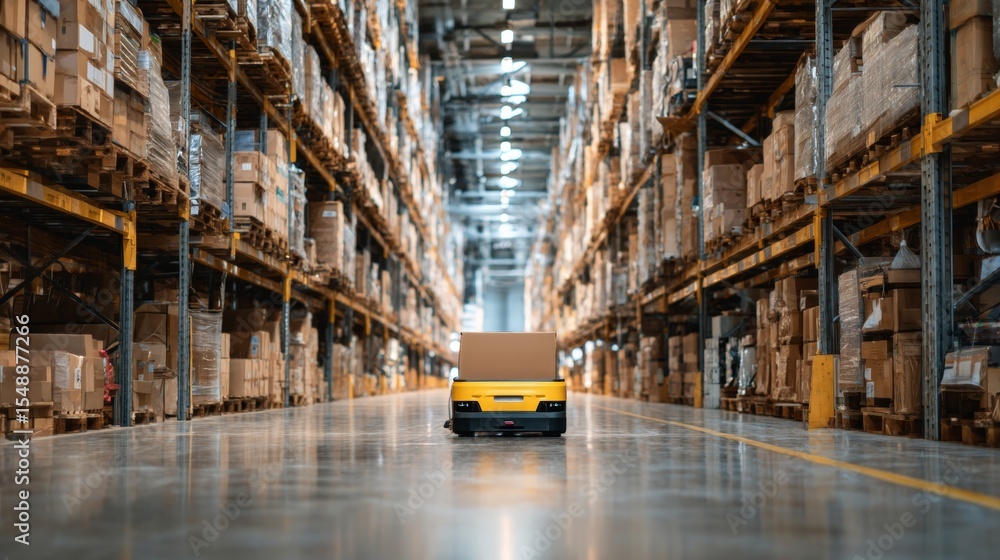 Poster autonomous robot navigating warehouse aisle with stacked boxes