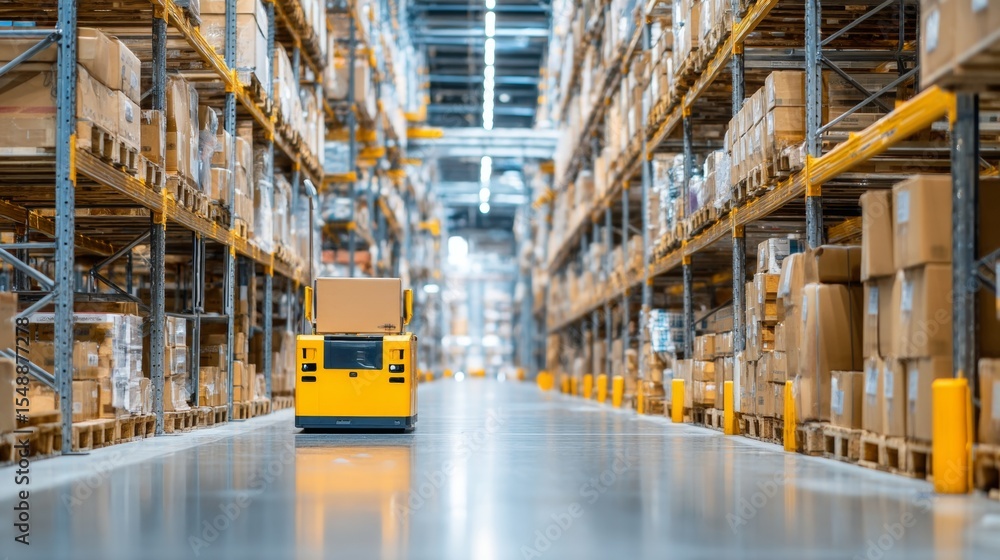 Poster automated yellow robot navigating large warehouse aisle with stacked boxes