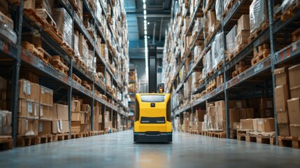 Automated yellow forklift navigating warehouse aisles for efficient logistics