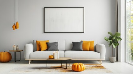 Autumnal home interior with pumpkin decor and blank frame ready for customization