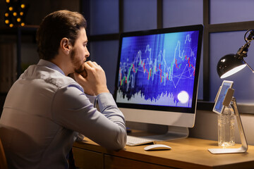 Thoughtful businessman working with computer in office at night