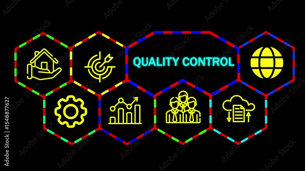 Poster a quality control concept button on a futuristic ,beautiful abstract wave technology black backgroun