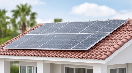 Solar panels on red-tiled roof under clear sky with palm trees in background