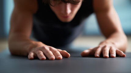 Focused man stretching on a yoga mat during home workout session.
