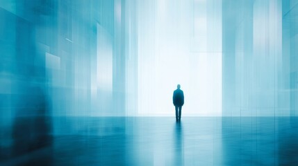 Fototapeta premium Silhouetted figure in a vast minimalist space with bright distant light, cool blue tones, geometric lines, reflective floor, and contemplative atmosphere.