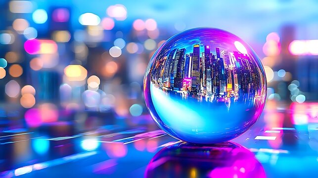 Vibrant Cityscape Reflection in a Crystal Ball at Night Bokeh Lights Background