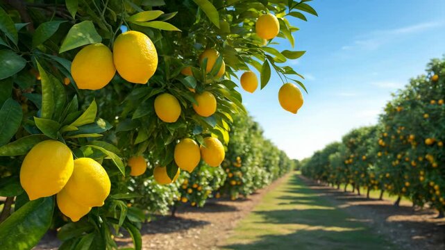 Lush Lemon Orchard Rows Bask in Sunshine Abundant Yellow Citrus Fruit Trees Growing Ripe Lemons for Juice and Refreshment