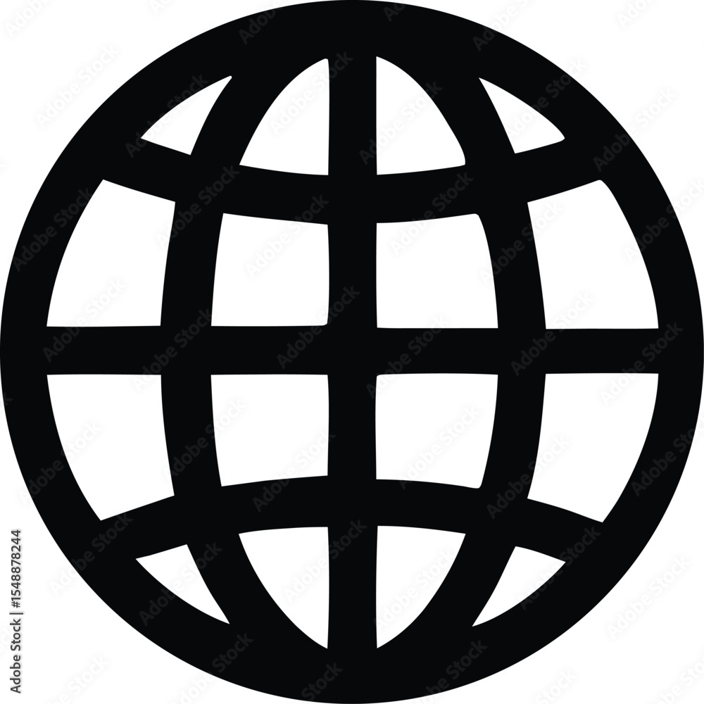 Poster simple black and white globe icon with grid lines representing longitude and latitude for global com