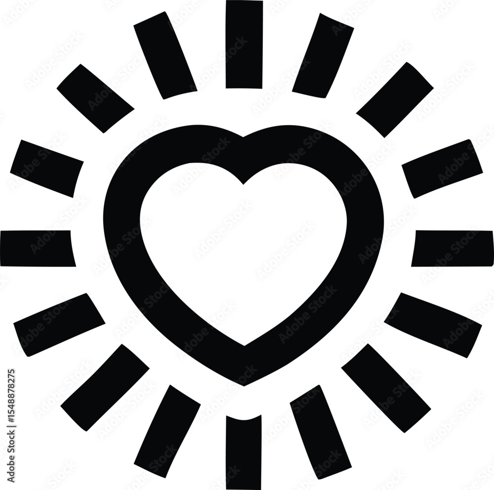 Poster stylized heart surrounded by rectangular rays representing love and radiance isolated on a white bac