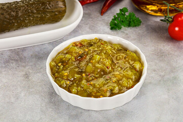 Souce gherkin relish with marinated cucumbers