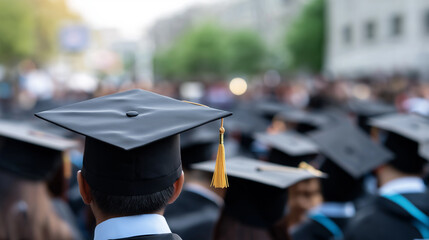 Graduation ceremony with students in academic caps and gowns facing forward.
