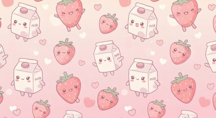 Adorable Kawaii Strawberry and Milk Carton Seamless Pattern Pink Pastel Background Cute Cartoon