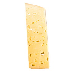 A slice of yellow cheese with holes, showcasing its texture and color.