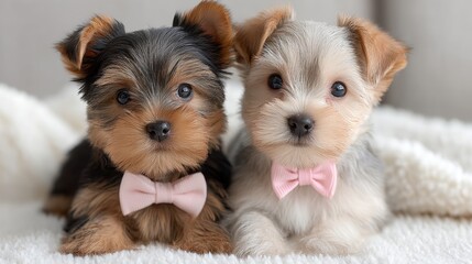 Adorable yorkshire terrier puppies wearing bow ties on fuzzy blanket