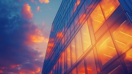 Modern architecture meets vibrant skies reflecting on a glass building