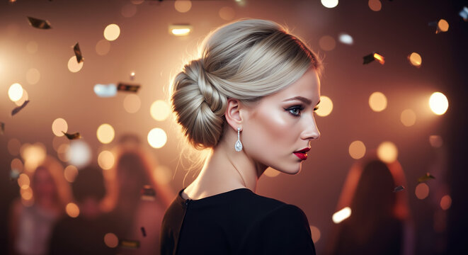 Woman with blonde twisted chignon updo and teardrop earrings at elegant evening event. Sophisticated hair styling and updo techniques for formal occasions and wedding services